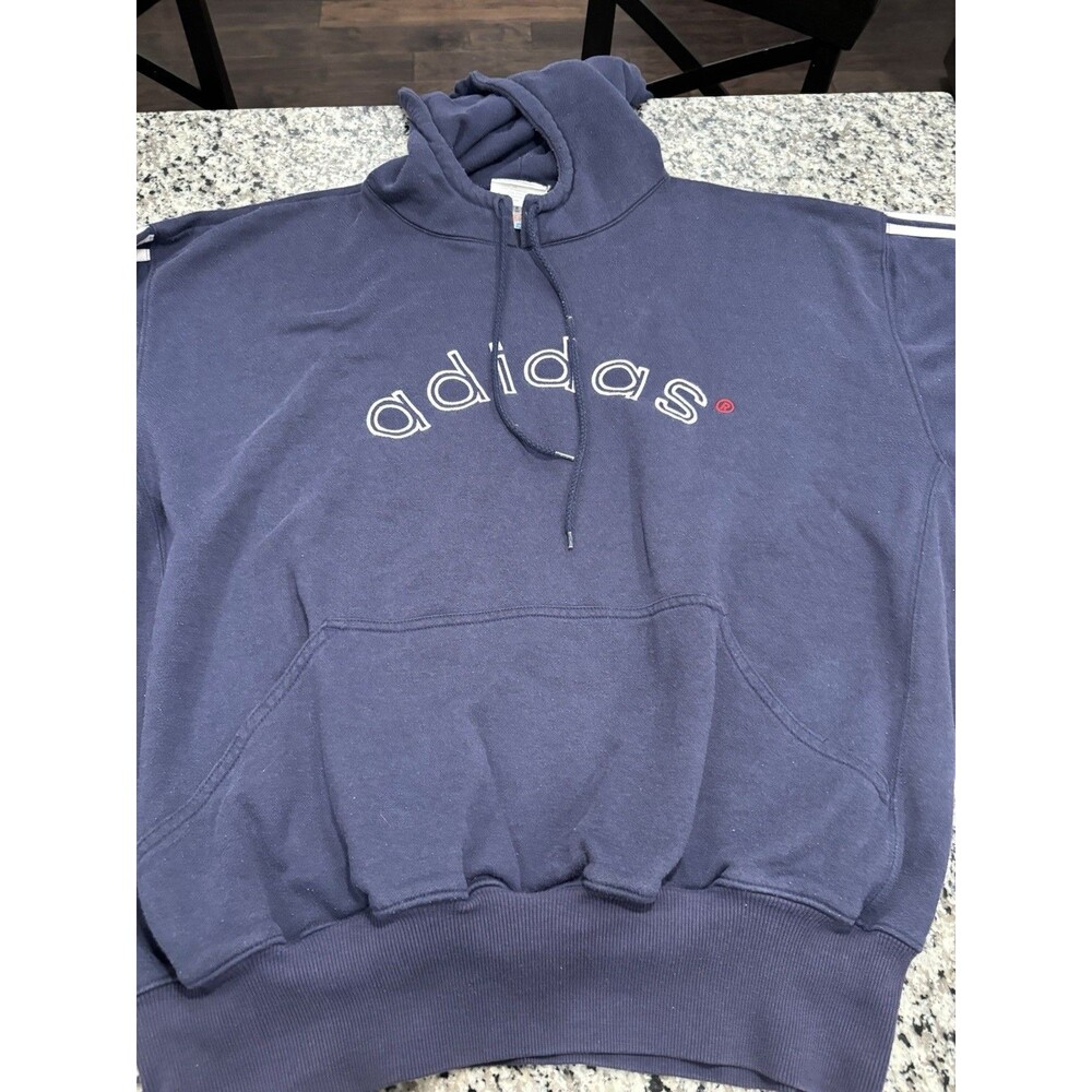 Vintage 90s Adidas Spellout Hoodie Navy Blue 3 Stripe Made in Singapore Mens XL